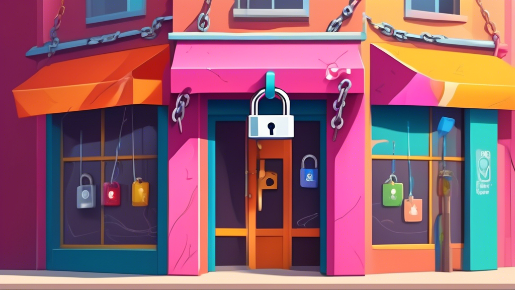 A storefront with a Google Maps pin hovering above it, the pin wrapped in chains and a padlock.