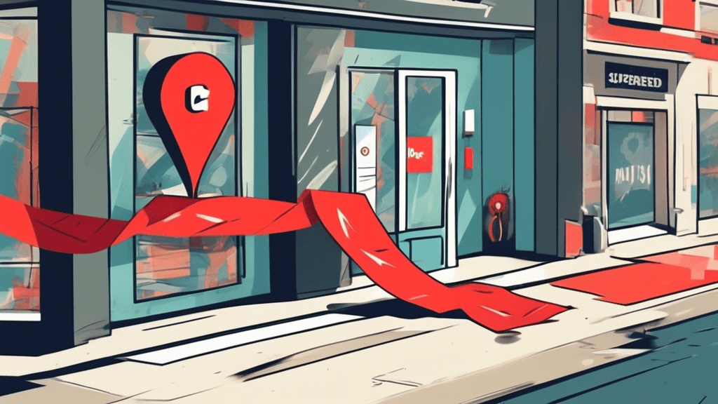 A storefront with a giant Google Maps pin stuck through it, crossed with red tape that says Suspended.