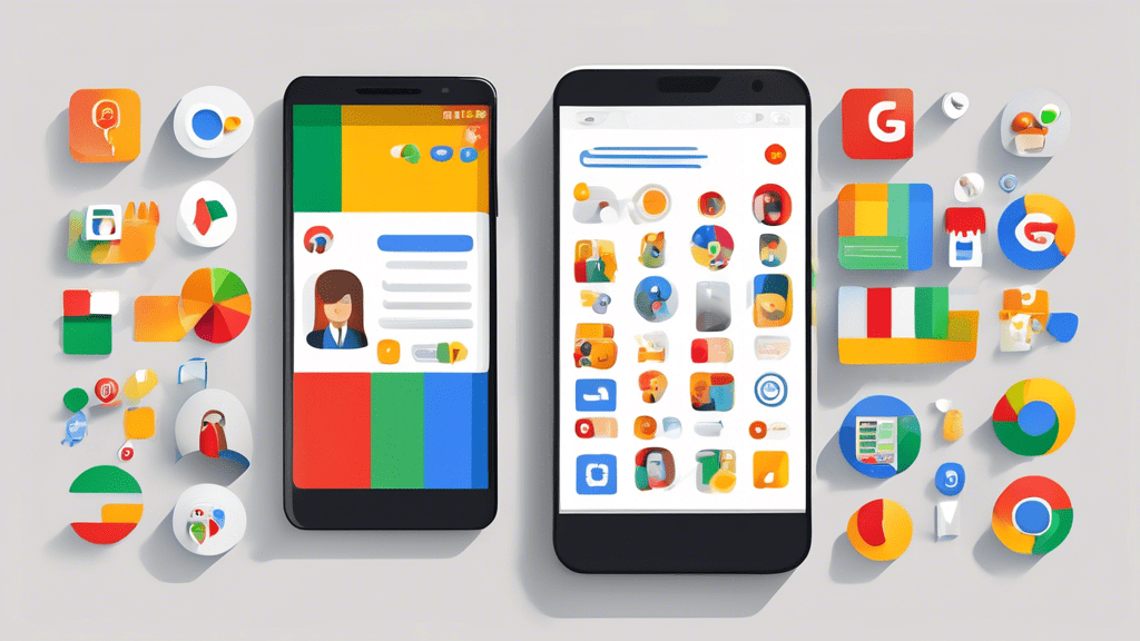 A smartphone displaying a customizable Google Business Profile template with various colorful icons representing different business categories.