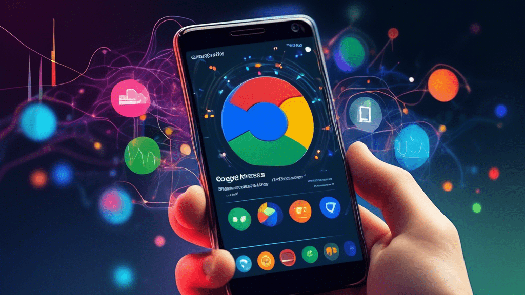 A smartphone displaying a Google business profile undergoing a digital upgrade with data streams and glowing icons.