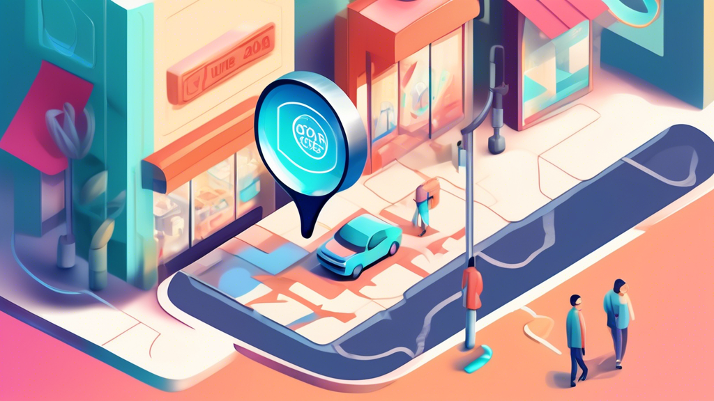 A Google Maps pin with a magnifying glass inspecting a storefront with a futuristic June 2023 digital stamp.