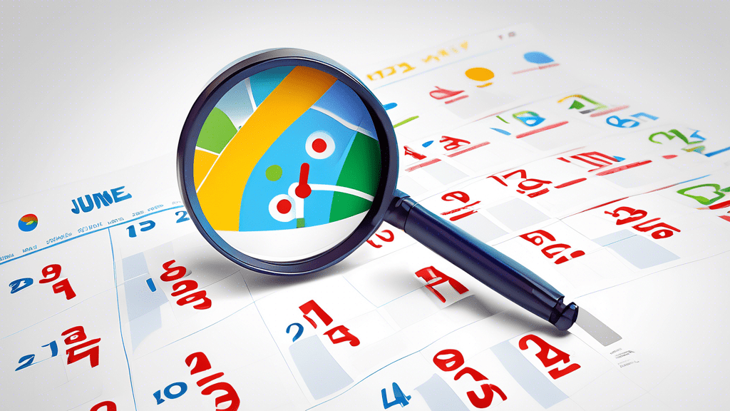 A Google Maps pin with a magnifying glass inspecting a calendar with the month of June highlighted.