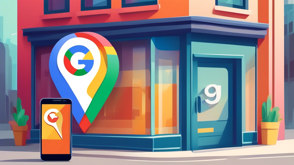 A shop window displaying a Google Maps location pin with a smartphone updating information about the shop.
