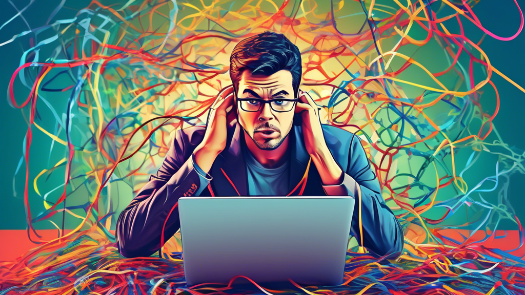A frustrated business owner staring at a laptop screen displaying a Google Business Profile Website Not Approved message, with a tangled mess of website code and a broken link chain in the foreground.