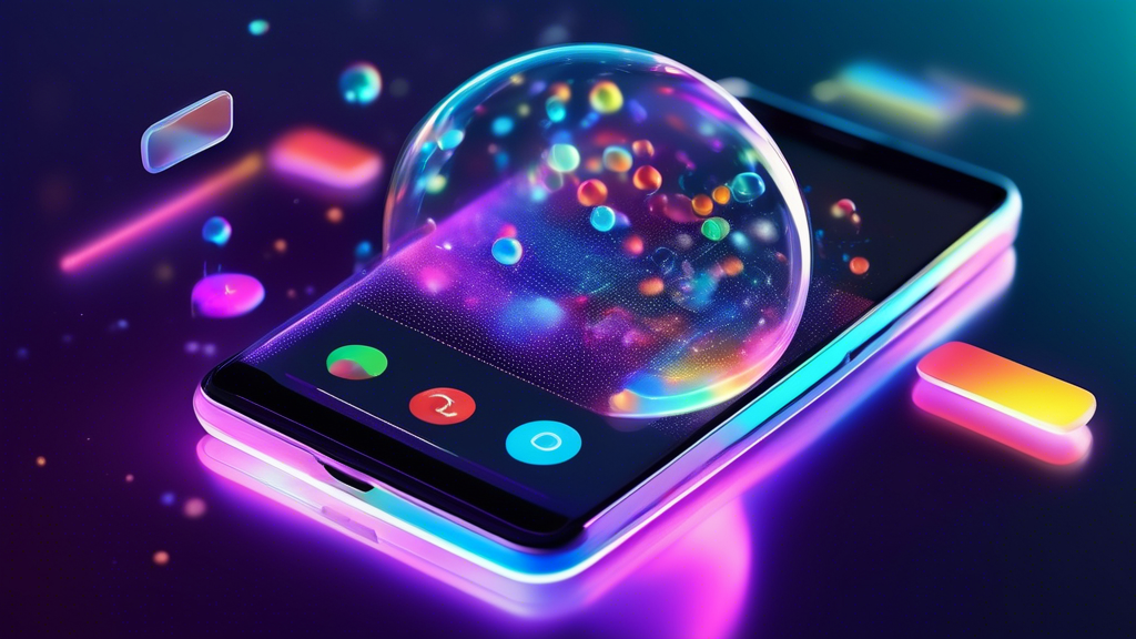 A futuristic smartphone showcasing a holographic Google Business profile with new features being highlighted by interactive bubbles.