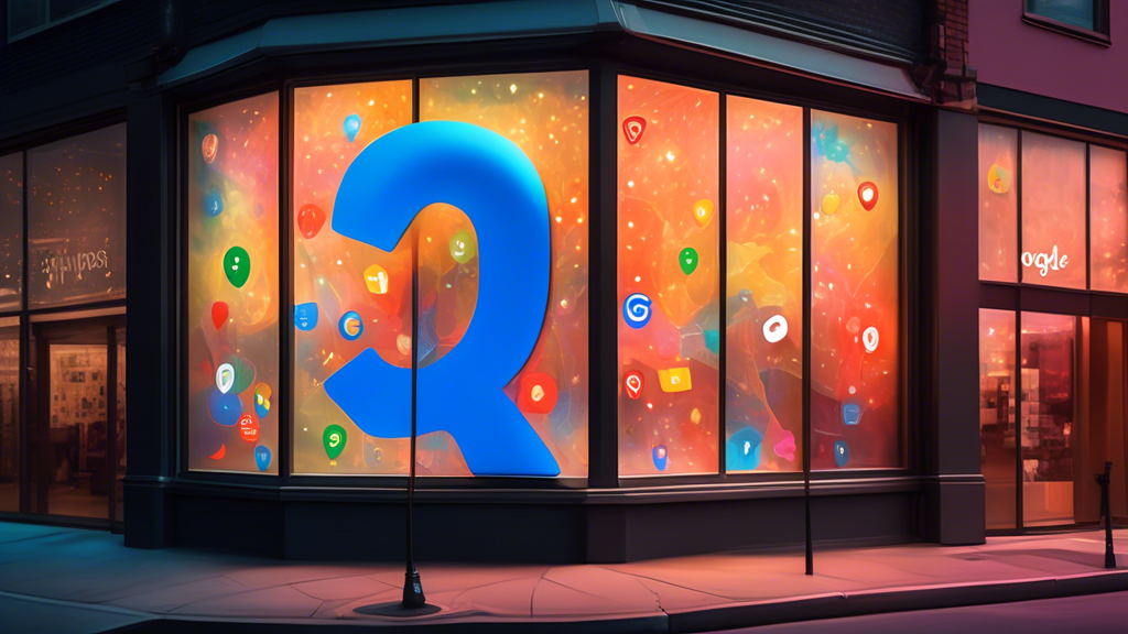 A storefront window with a Google Maps pin superimposed and glowing reviews floating around it.