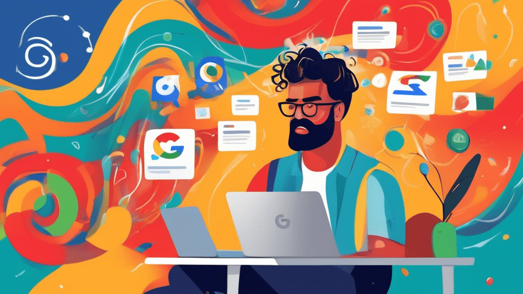 A small business owner looking overwhelmed at a laptop with Google Business Profile and Google Ads logos swirling around their head.
