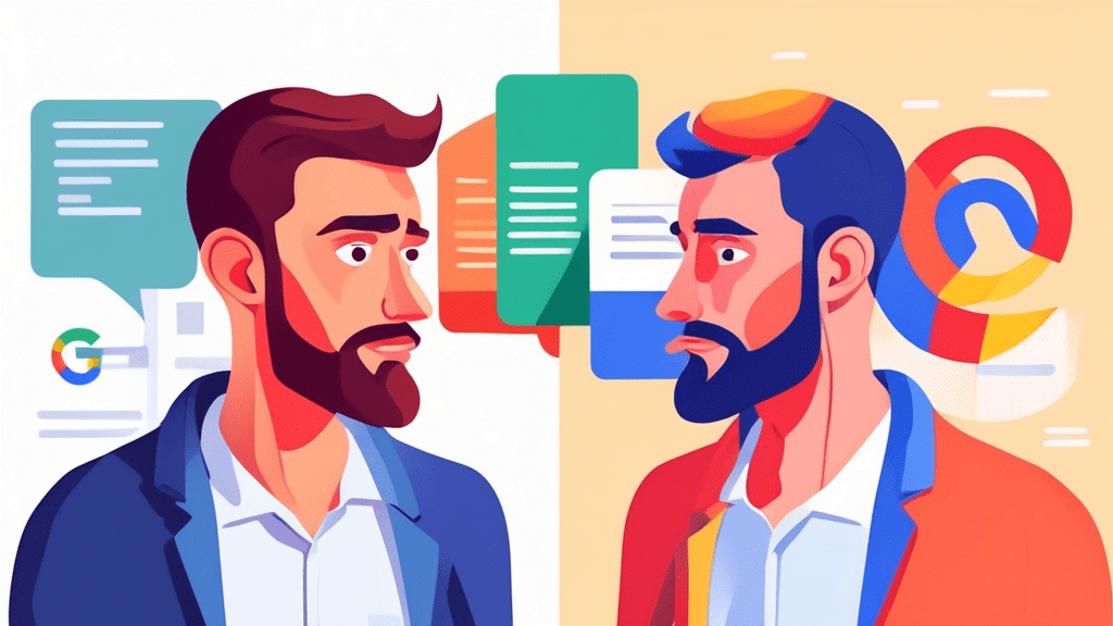 A confused business owner looking at a split screen, one side showing a Google Business Profile and the other side showing a Google Ads interface.
