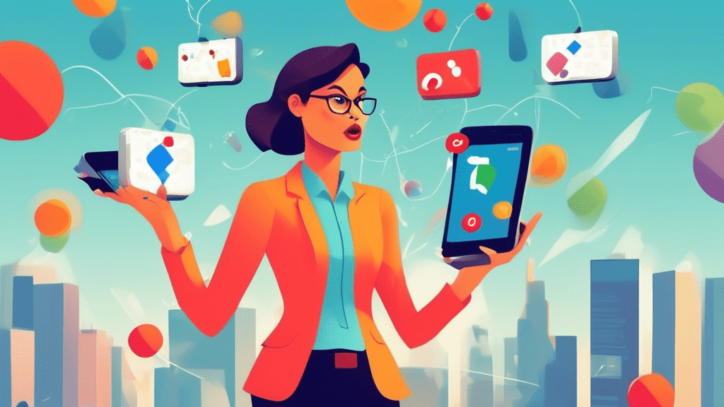 A businesswoman looking confused while juggling two smartphones with Google Maps logos, one labeled Business and the other labeled Personal.