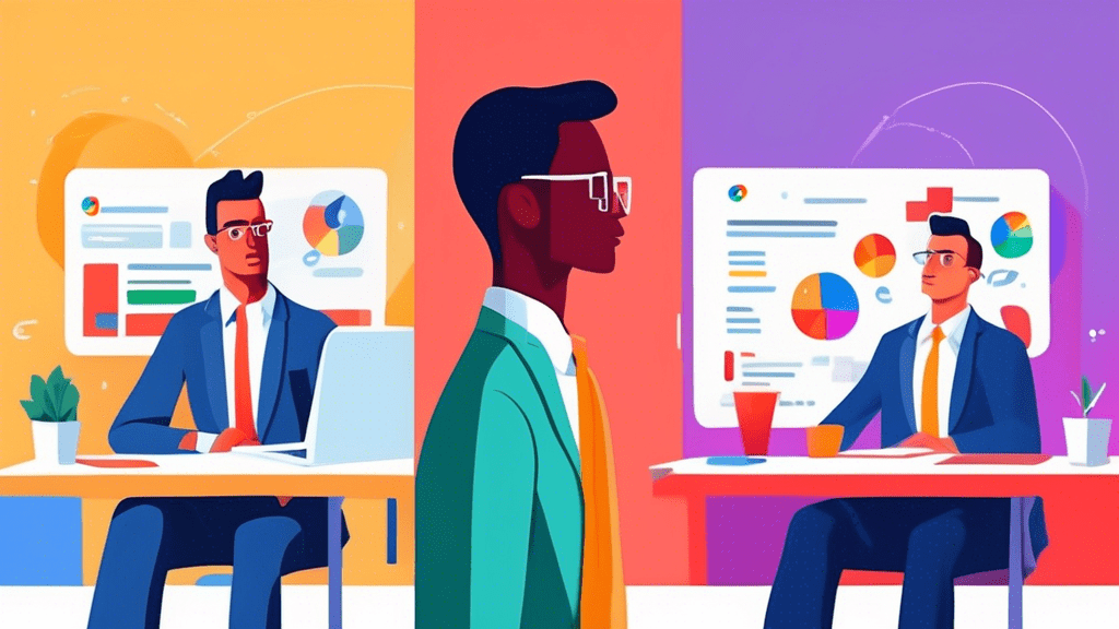 A confused businessman staring at a split screen showing Google Business Profile on one side and Google Workspace on the other.