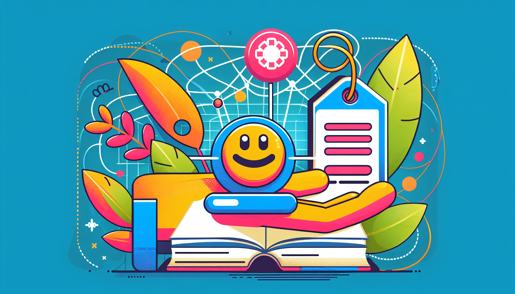 A friendly, colorful Google logo holding a web domain name tag, with a simple guidebook floating beside it.