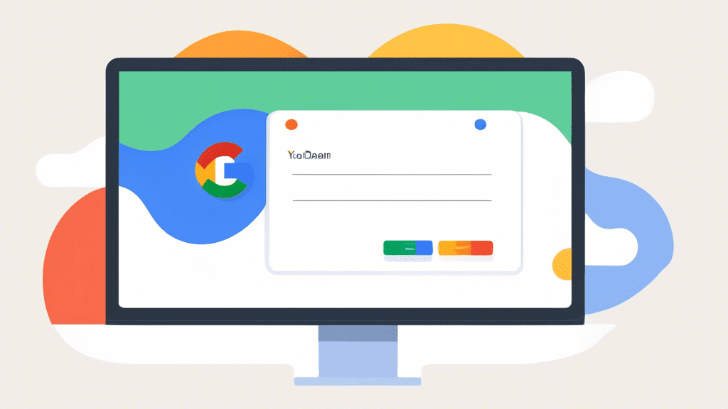 A clean, minimalist image showing a simplified domain registration form on a computer screen, with the Google logo and a stylized representation of a domain name (e.g., yourdomain.com) floating above
