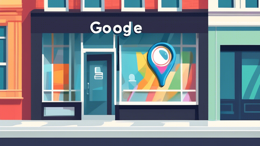 A local business storefront with a magnifying glass over it and the Google Maps pin nearby