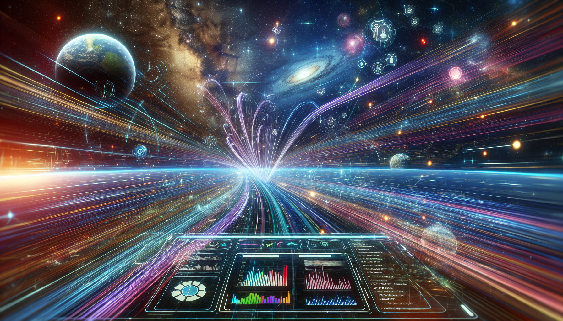 A futuristic heads-up display analyzing website traffic data in outer space