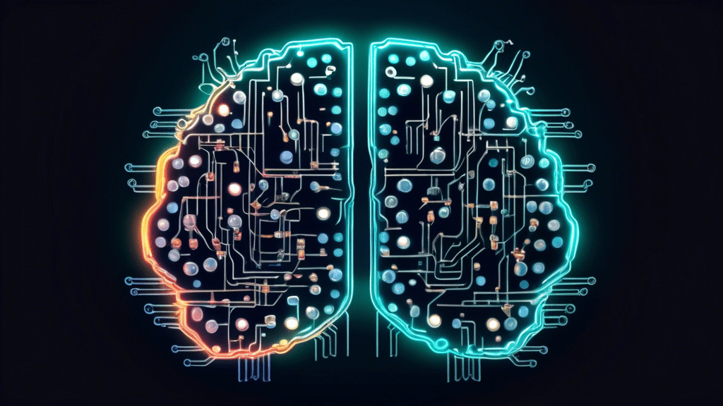 A circuit board with glowing transistors forming the shape of a human brain.