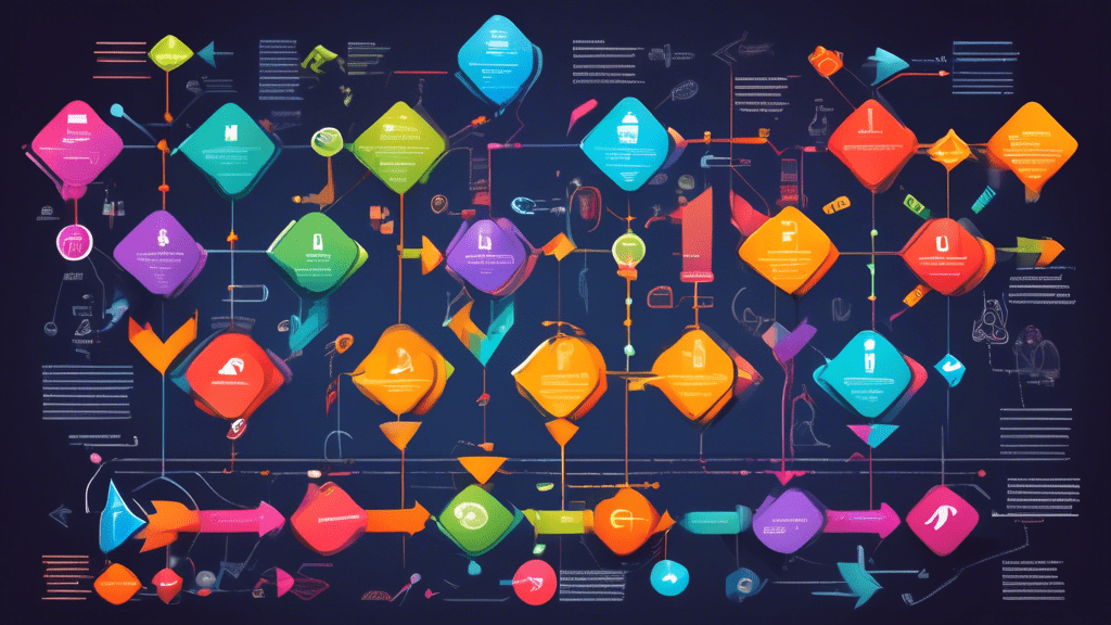 A detailed flowchart with colorful arrows and icons, mapping out the steps and features of a complex software platform
