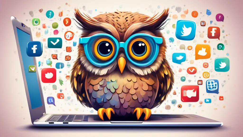 A wide-eyed owl wearing spectacles, perched on a laptop amidst a flurry of social media icons