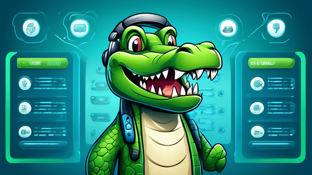 A sleek and user-friendly web hosting control panel interface, featuring a smiling alligator mascot wearing a headset, surrounded by intuitive icons and options for managing websites, domains, email a