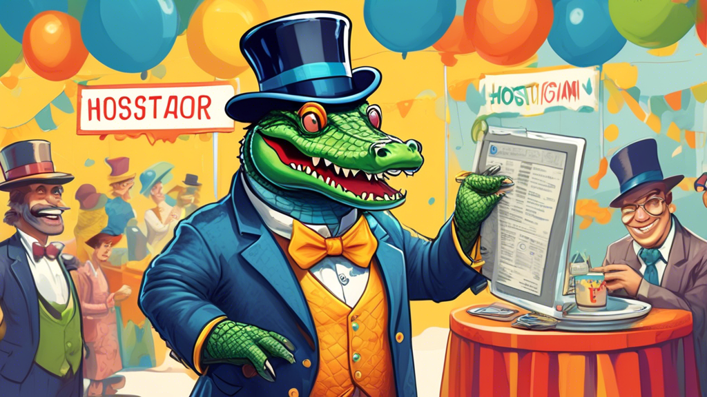 A giant, friendly alligator wearing a top hat and a monocle, standing at a colorful booth with a sign that reads HostGator Domain Registration. The alligator is holding a domain name on a silver platt