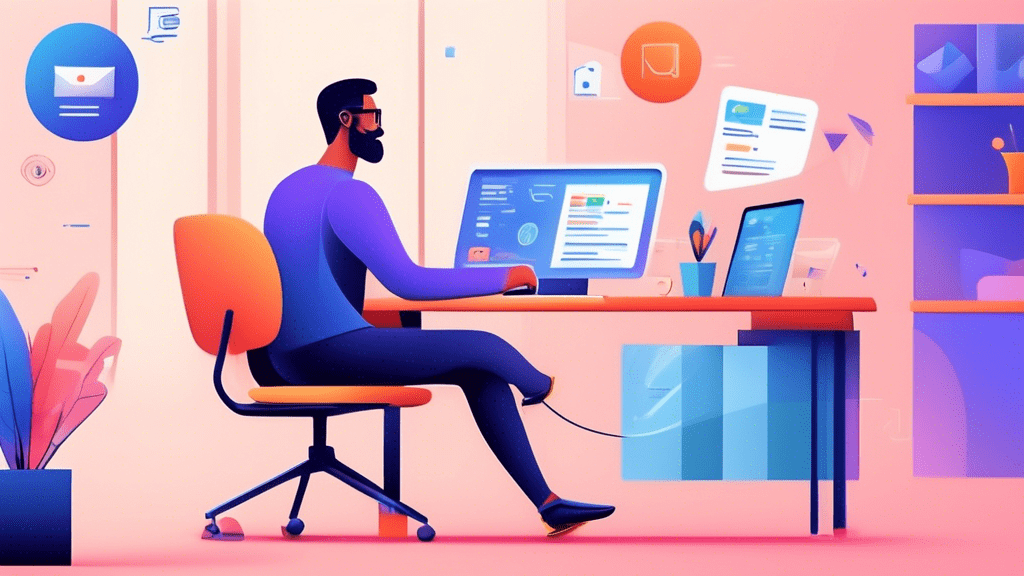 Create a detailed illustration of a person sitting at a desk, navigating a computer screen with Mailgun's website open. The scene should include icons for login, password entry, and two-step verificat
