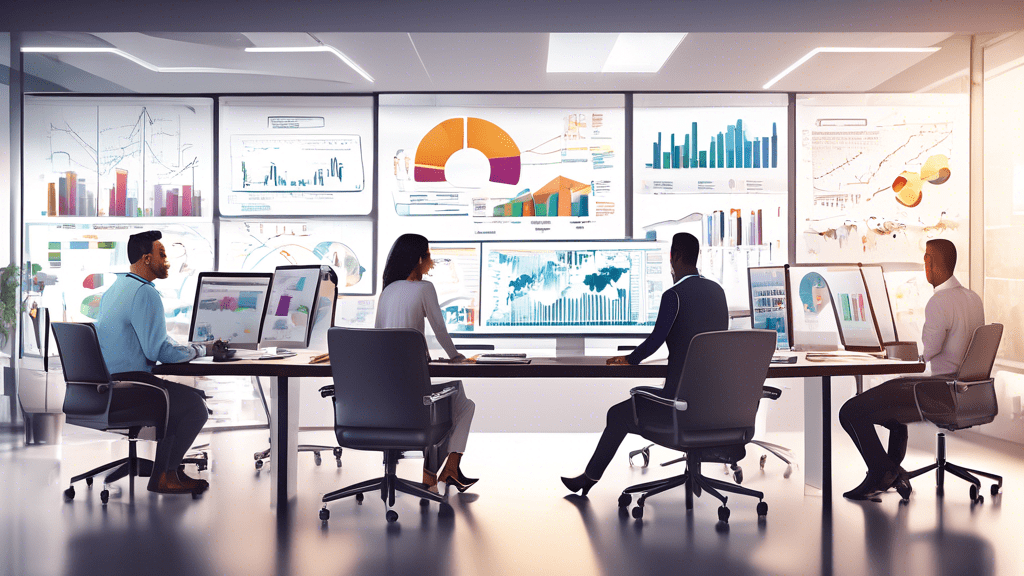 Create an image that shows a modern office setting with a diverse team of professionals analyzing data and discussing strategies. On the computer screens, display graphs, charts, and lead scoring metr