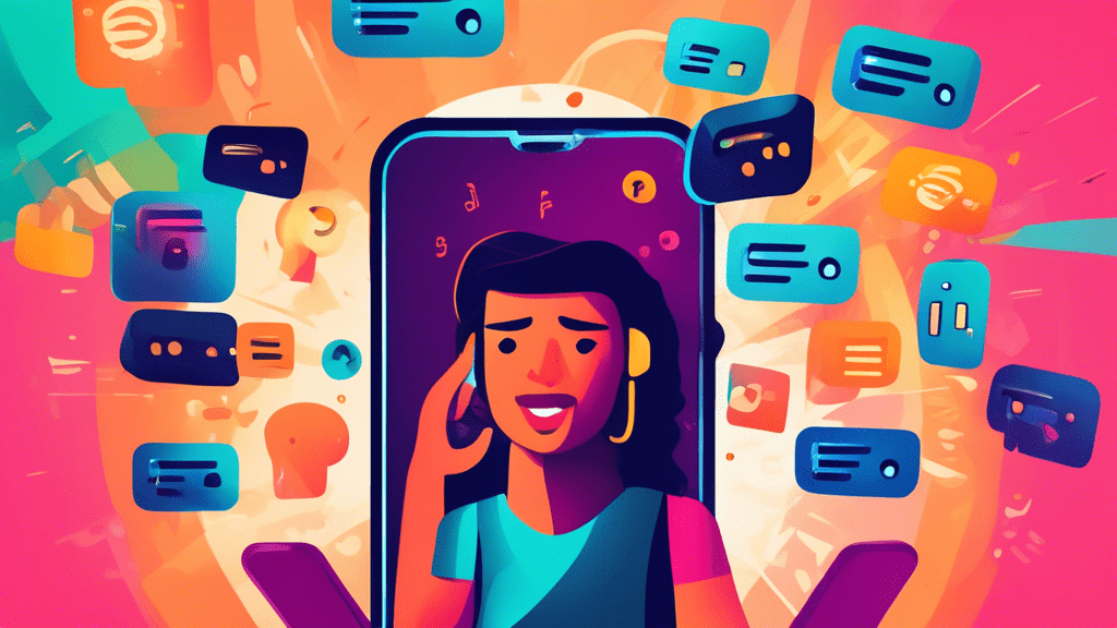 Create an illustration showing a smartphone screen with an interface for blocking unwanted phone numbers, featuring a frustrated person tapping 'block' while various spam and scam call icons are shown