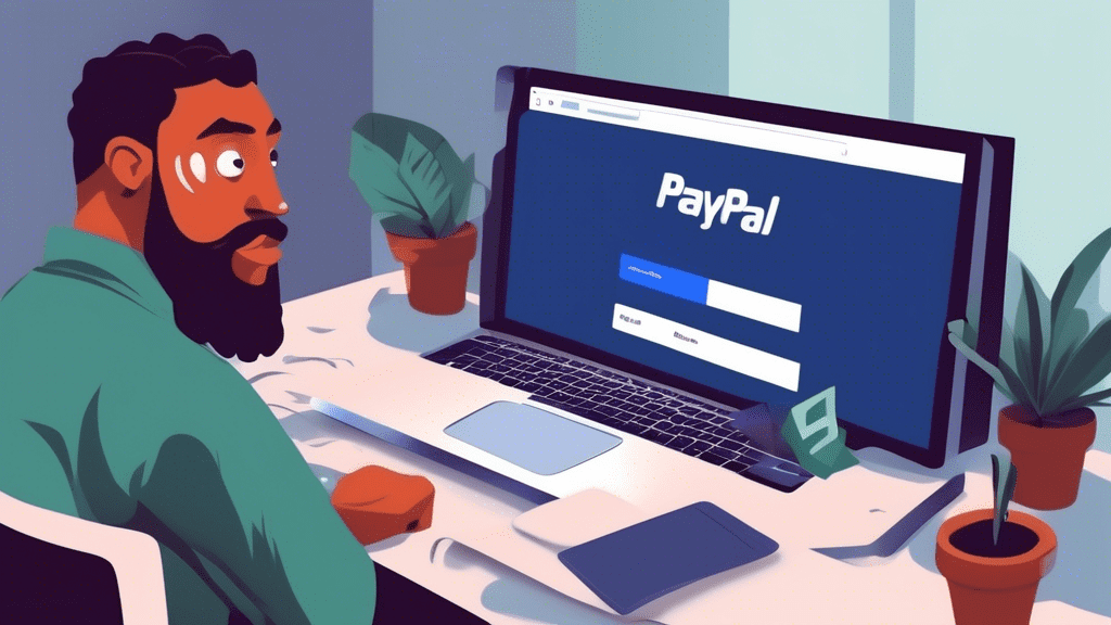 A DALL-E prompt for an image relating to the article title How to Cancel PayPal Subscriptions:nnA frustrated person sitting in front of a computer screen, trying to navigate through the PayPal website