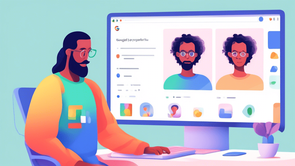 Create a digital illustration showing a person changing their Google profile picture on a computer. The screen should display Google settings, with the profile picture option prominently highlighted.