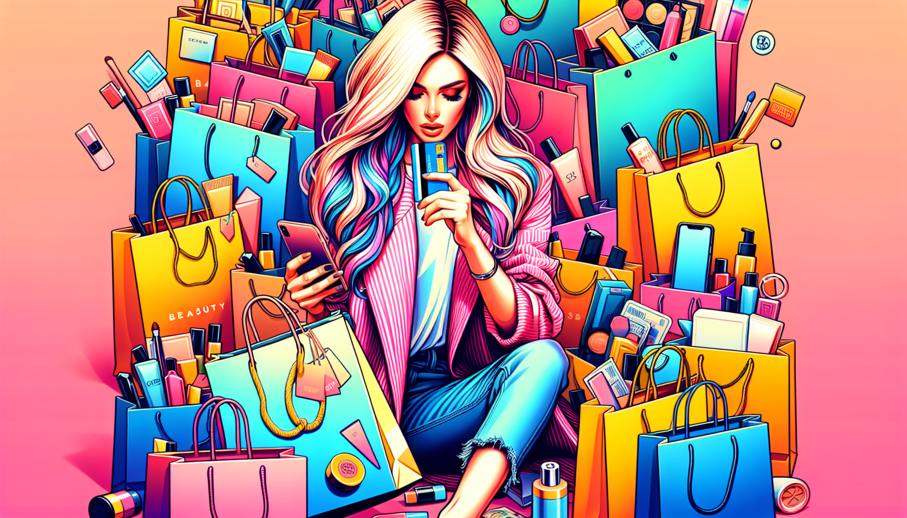 A woman surrounded by Sephora shopping bags checking her phone for her gift card balance
