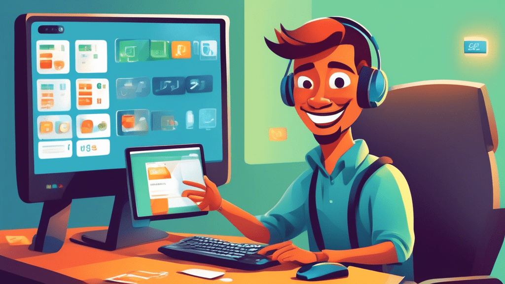 A friendly character sitting at a computer desk happily purchasing a phone number online, with a modern, sleek website interface displayed on the screen. In the background, there are various digital i
