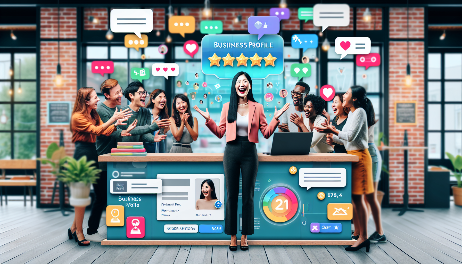 Create a vibrant, engaging scene of a business owner interacting with customers in a well-designed, inviting storefront. The storefront is adorned with Google Business Profile elements such as ratings