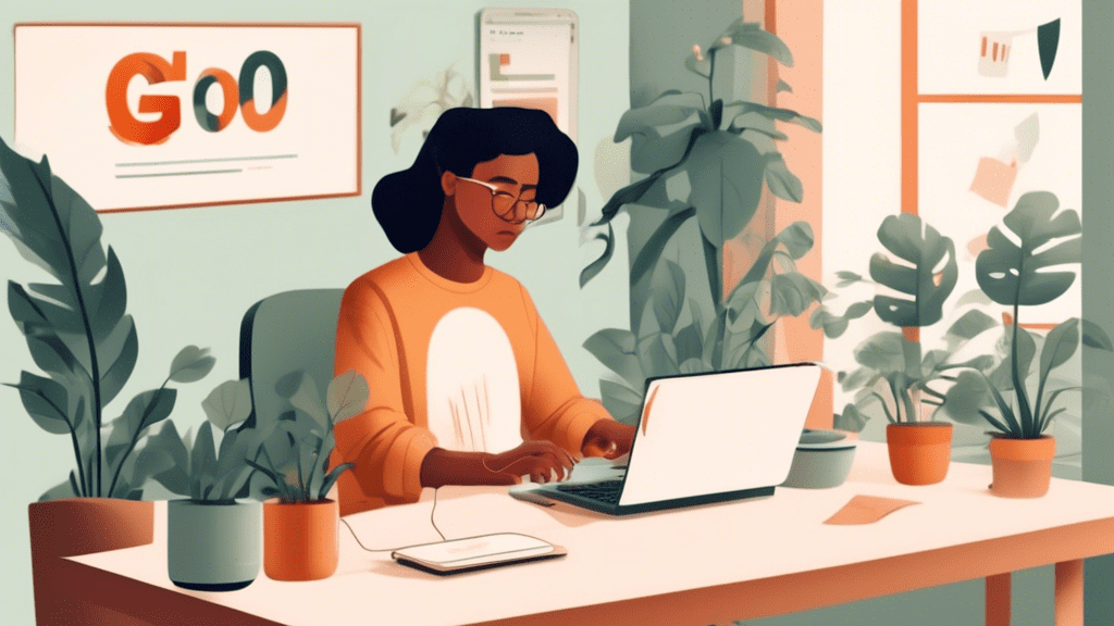 Create a digital illustration of a person sitting at a desk, looking frustrated while trying to access their Gmail account on their laptop. The screen displays a 'Temporary Error 500' message. Around