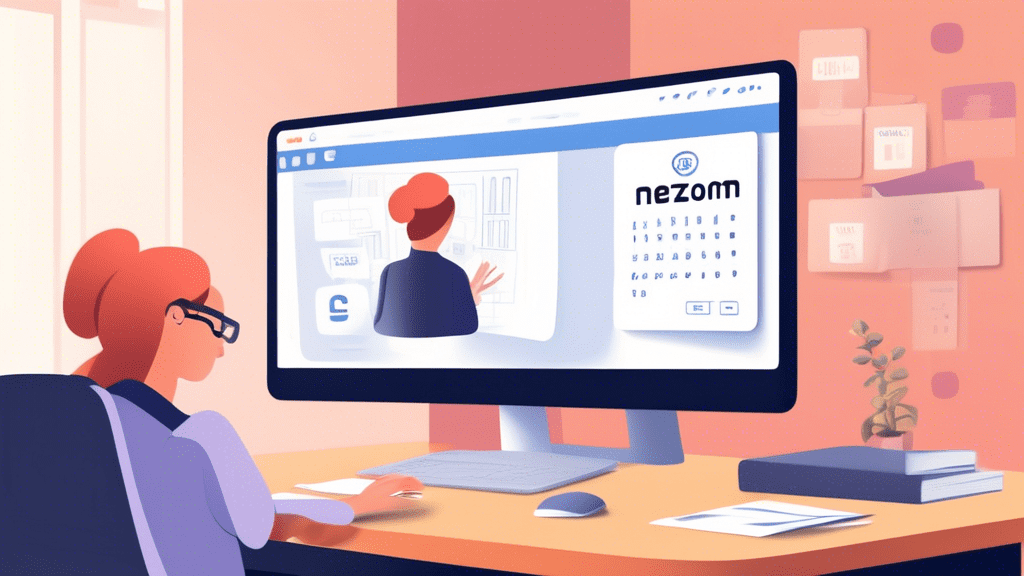 A high-resolution digital illustration of a frustrated person sitting at a desk with a laptop displaying a Zoom Invalid Meeting ID Error message. Around the person, there are floating icons representi