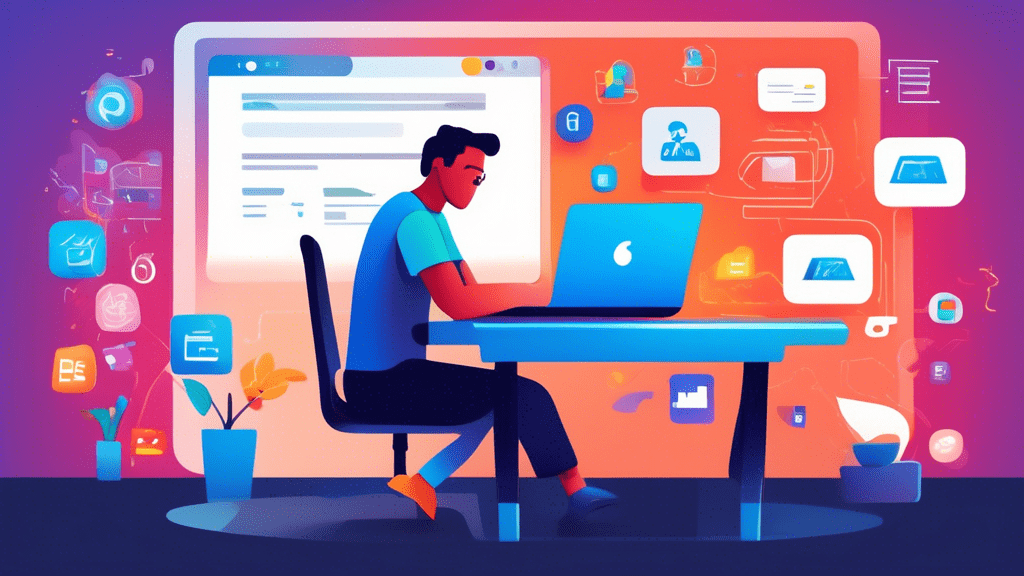 Illustration depicting a person sitting at a desk, confidently logging into their Google Business Account on a laptop. The screen glows with the Google sign-in interface, surrounded by icons represent