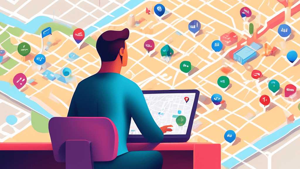 DALL-E Prompt: A person sitting at a computer, managing multiple location pins on a digital map that resembles the Google My Business interface, with each pin representing a different business locatio