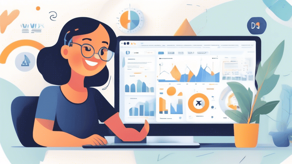 A DALL-E prompt for an image related to How to Navigate Your Wix Dashboard for Optimal Website Management:nnA smiling person sitting at a desk, using a laptop with a Wix dashboard on the screen. The d