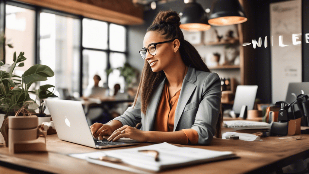 Create an image showcasing a business owner optimizing their Google Business Profile. The scene should include a laptop displaying a Google Business Profile page, with the owner thoughtfully editing t