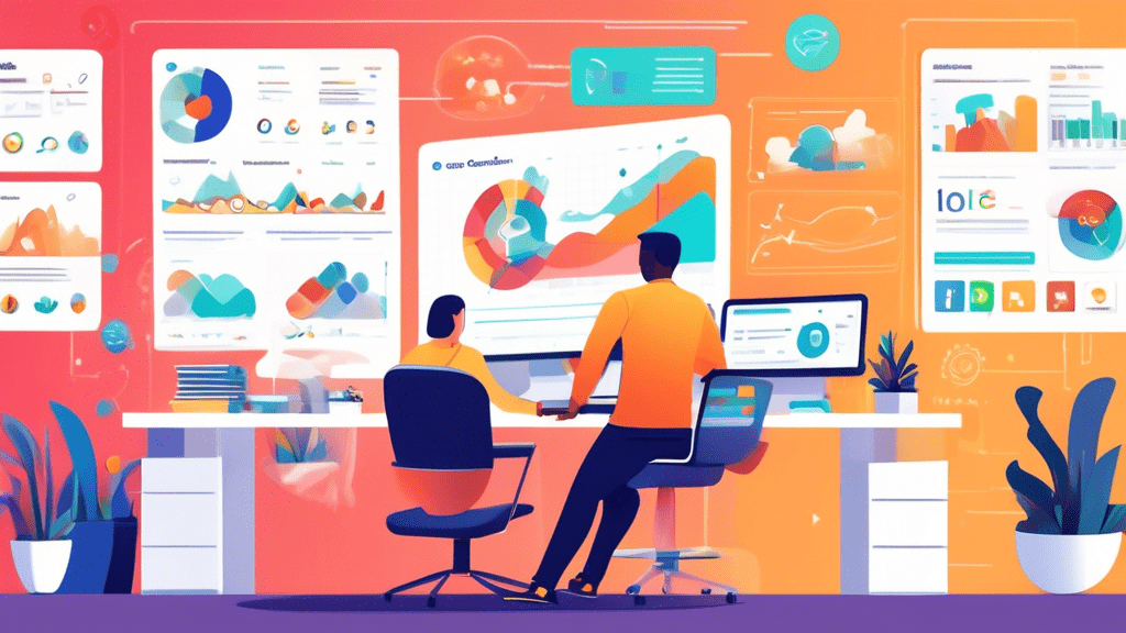 A vibrant digital marketing scene featuring a business owner happily updating their Google Business Profile on a computer in a modern office. Surrounding visuals include search engine icons, various a