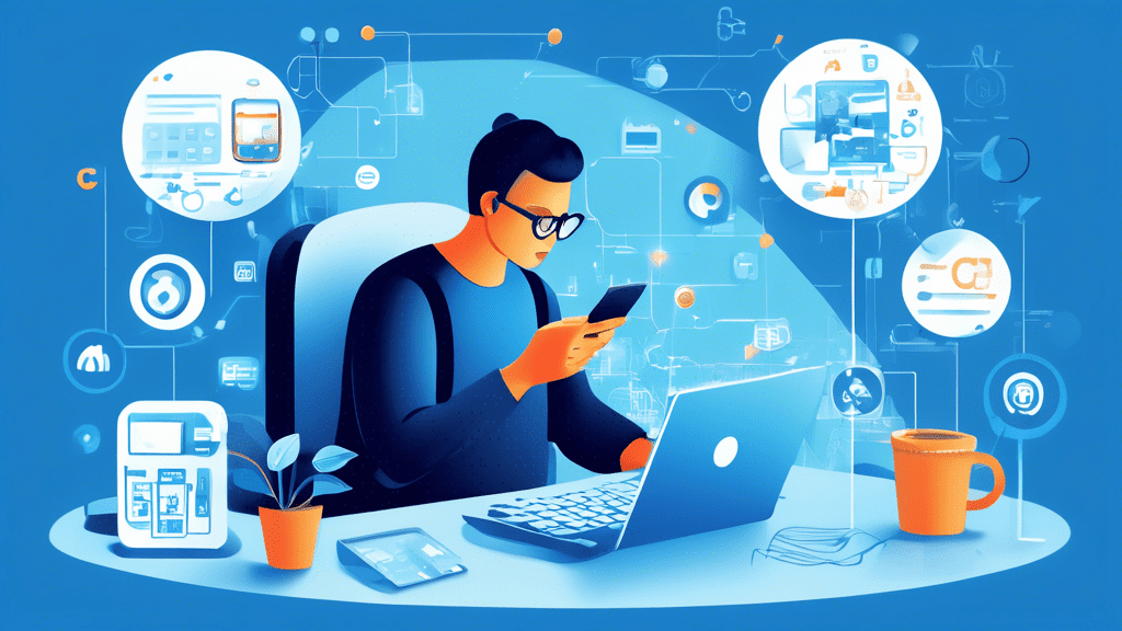 A detailed illustration of a person sitting at a desk, typing on a laptop, with a magnifying glass highlighting a mobile phone number on the screen. The background features icons of different mobile c