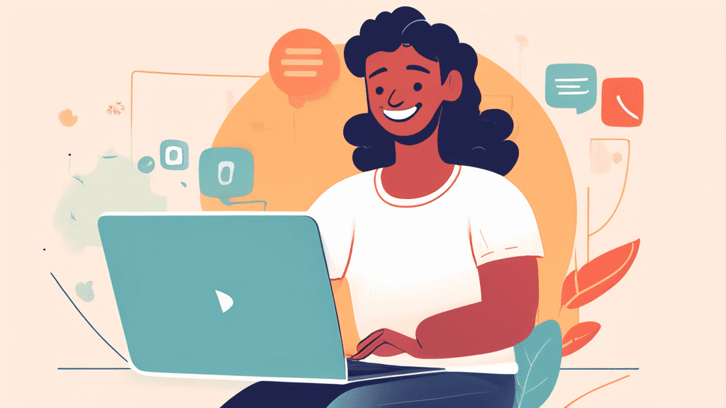 Prompt: A digital illustration showing a person easily setting up a Zoom account on their laptop, with a smiling face on the screen and simple step-by-step instructions floating around them, all on a