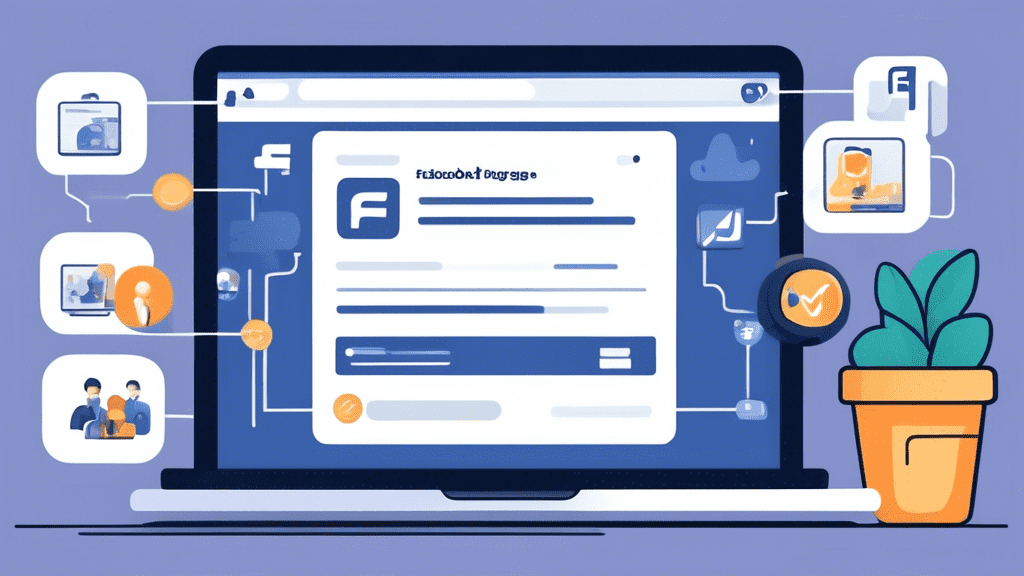 Create an image showing a computer screen displaying a Facebook page, with a step-by-step guide overlay. The guide includes a user logging into Facebook, navigating to the domain verification section,