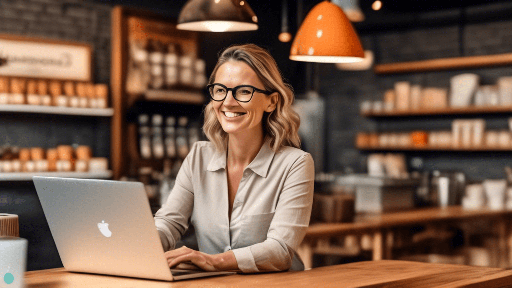 Create an image of a small business owner using a laptop with the HubSpot logo on the screen, navigating through the Google My Business interface. The background could depict a cozy café or a local re