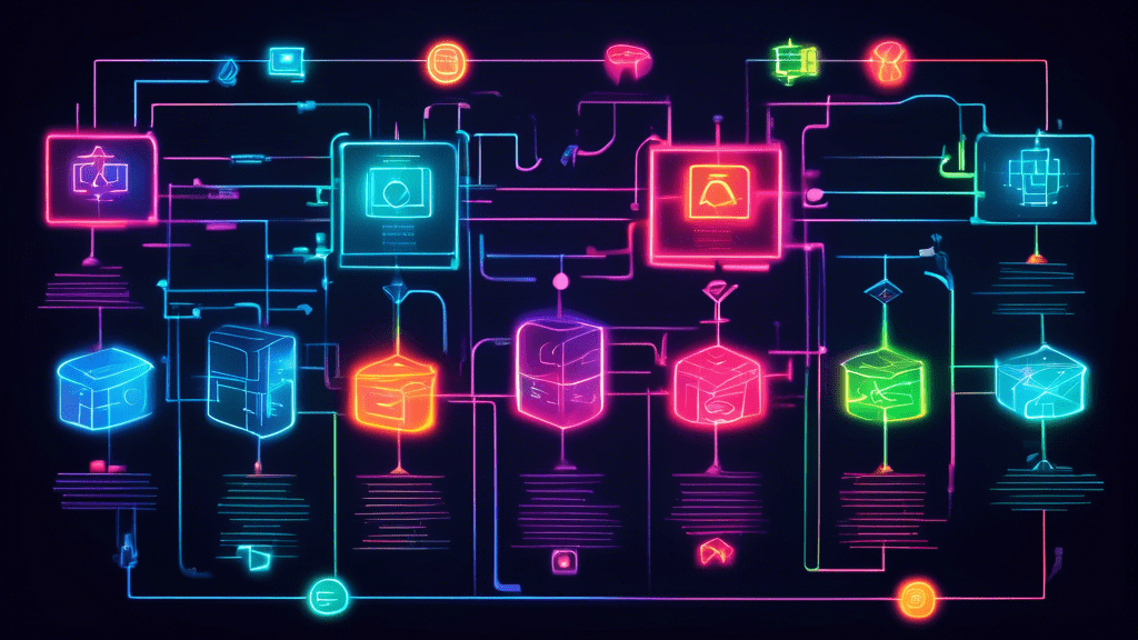 A flowchart with glowing lines connecting boxes that contain symbols representing AI, machine learning, and robotic process automation.