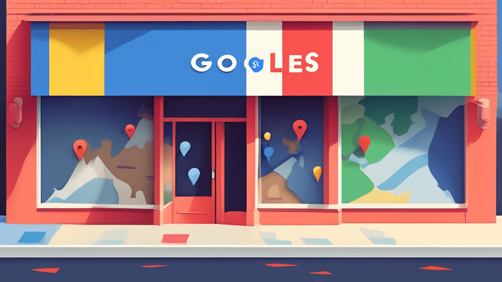 A storefront window with a large Google Maps pin icon superimposed on it and a small Claim this business banner underneath.