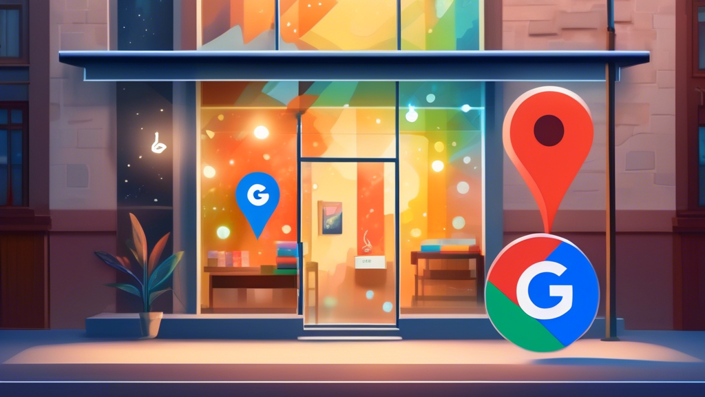 A storefront window with a Google Maps pin embedded in the glass and the Google My Business logo glowing inside the store.