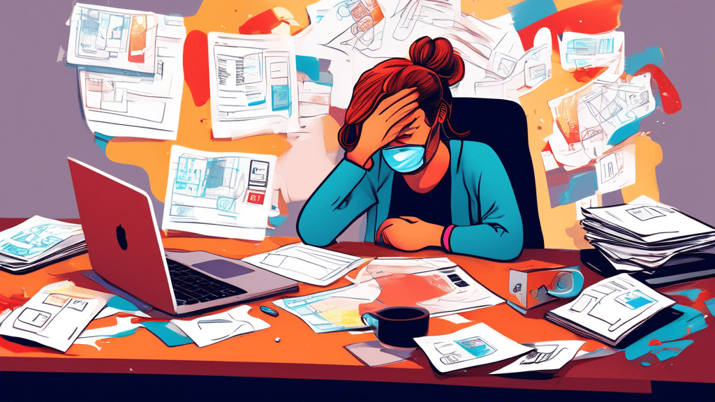 A frustrated person with their head on the desk, a laptop in front of them displaying a Invalid Meeting ID error message on Zoom, a messy desk with scattered papers and coffee mugs.