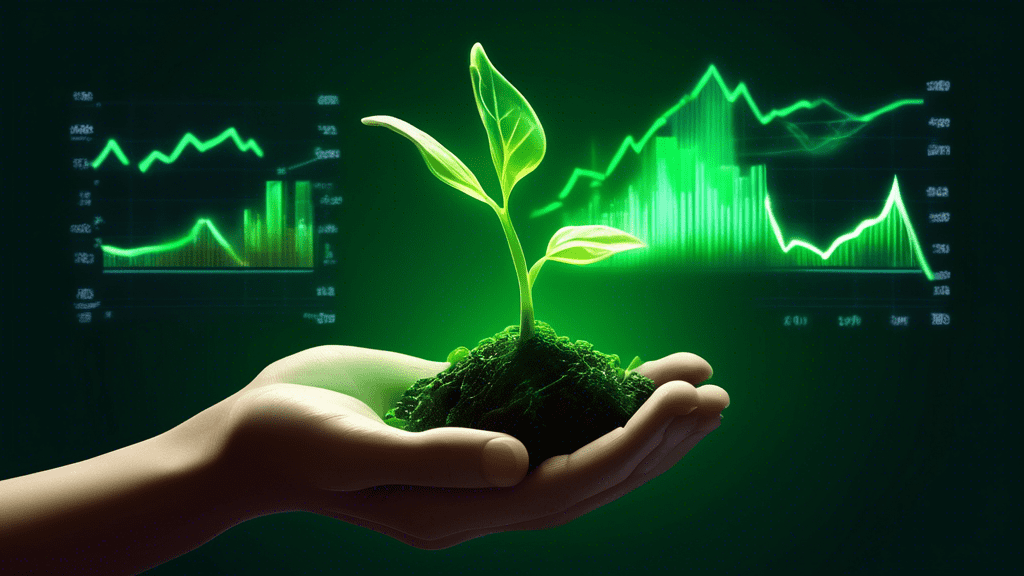 A hand holding a glowing green sprout, with stock market charts subtly projected onto the sprout's leaves.