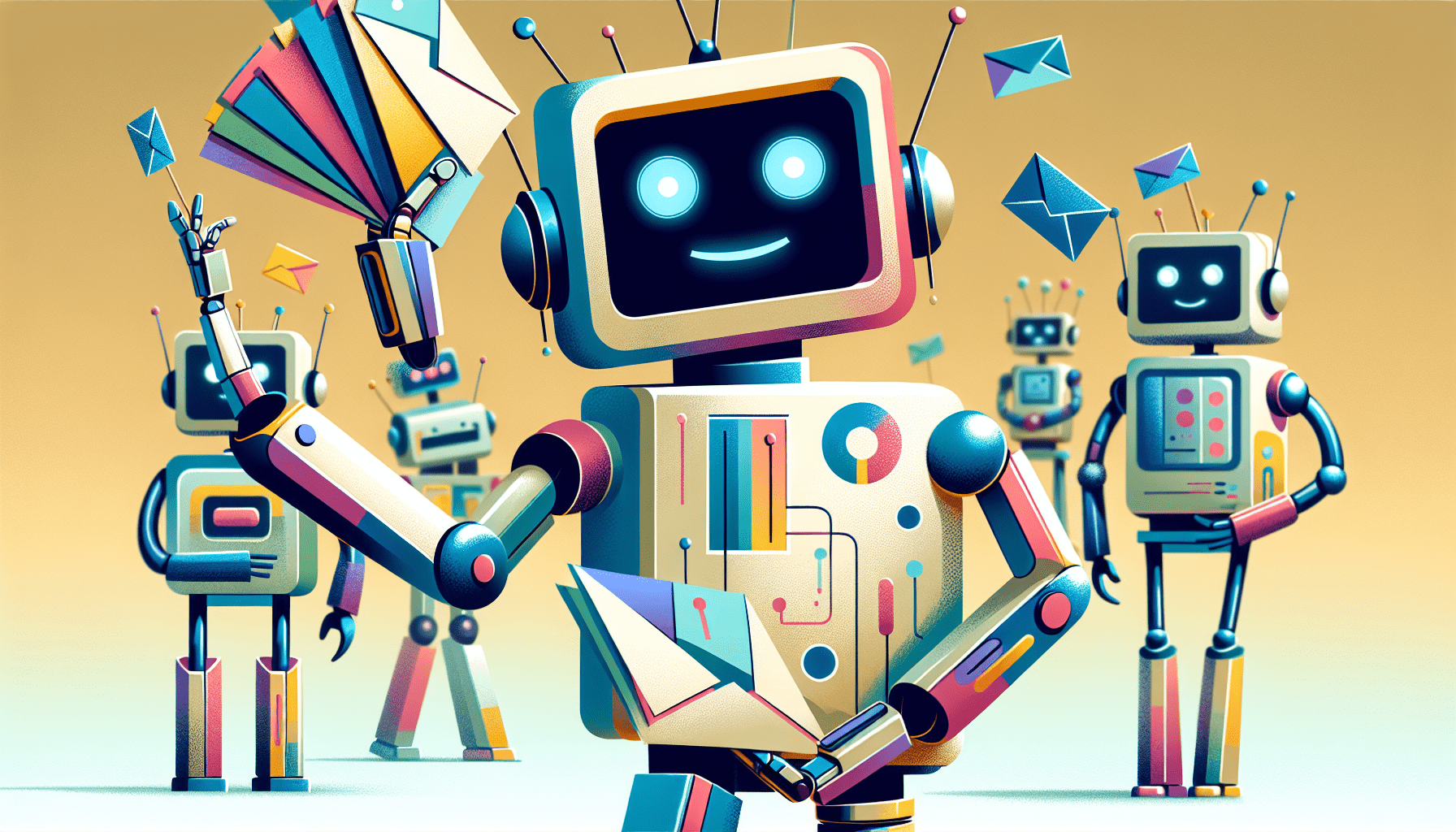 A friendly robot holding a stack of invitations with other robots in the background excitedly looking at him.