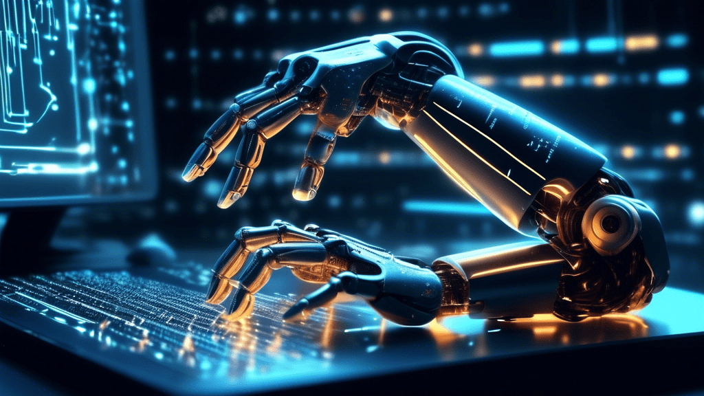 A robotic arm writing lines of code on a futuristic computer interface, surrounded by glowing data streams.