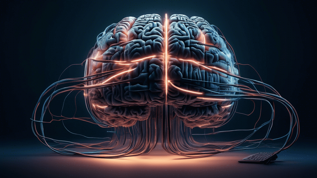 A giant brain made of data servers, with glowing cables connecting different parts.